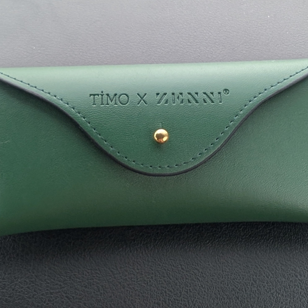 Timo x Zenni Green Eyeglass Case with Gold Button